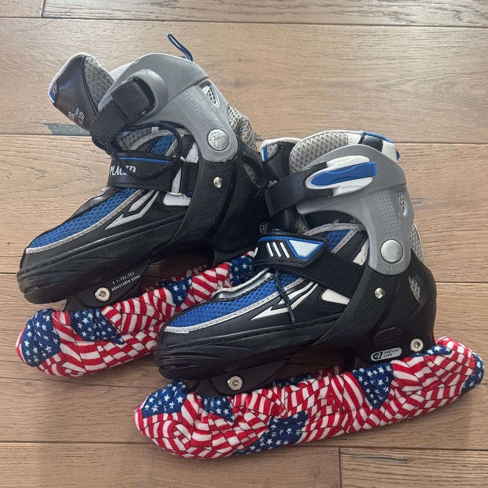 Kids Adjustable Ice Skates with Blue and Black Design